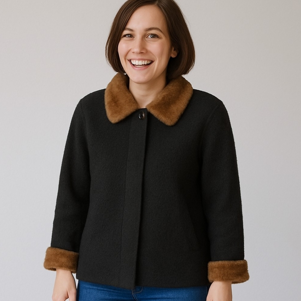 Cozy Black Teddy Jacket with Brown Trim